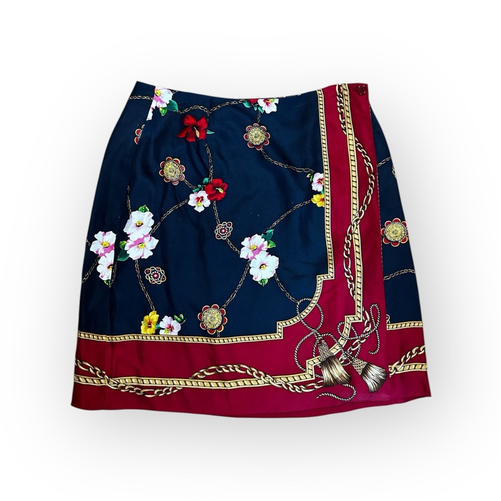 Vintage ANN TAYLOR Silk Wrap Skirt Red Navy Blue Scarf Print Floral Chain Sz 12